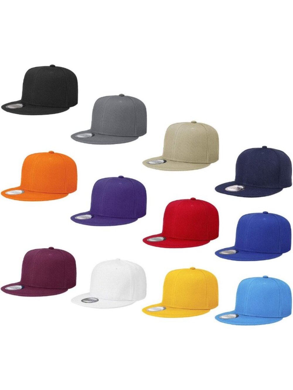 12 Pack Adjustable Snapback Hats - Hip Hop Style Flat Bill Blank Caps, Solid